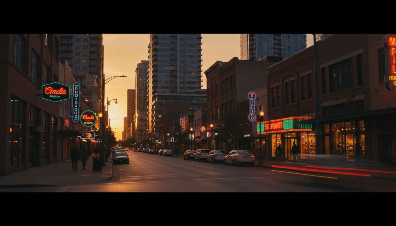 Panoramic cinematic view of an animated commercial street in downtown Austin, Texas at sunset, with retail shops, local services, few scattered pedestrians, parked cars, modern mixed-use buildings, dramatic neon lights, high contrast, and deep shadows.
