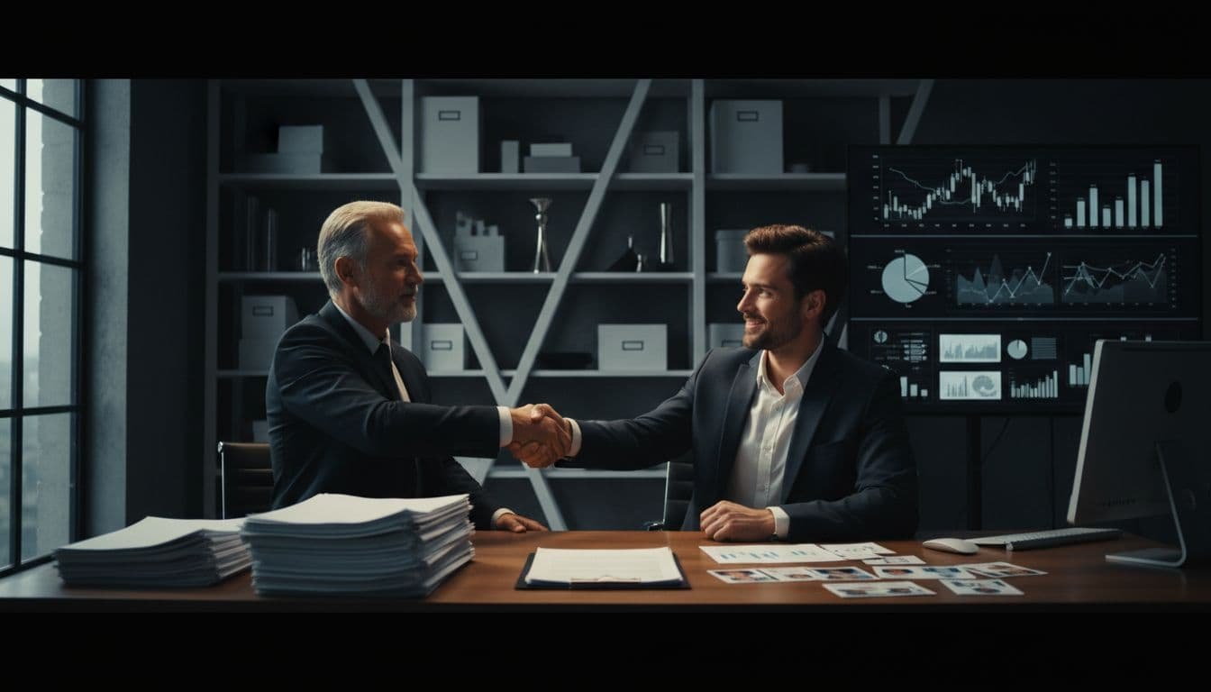 A firm handshake between buyer and seller in a modern office surrounded by inventory shelves, office equipment, financial charts, client cards, and supplier documents, illustrating tangible and intangible assets received when buying a running business.