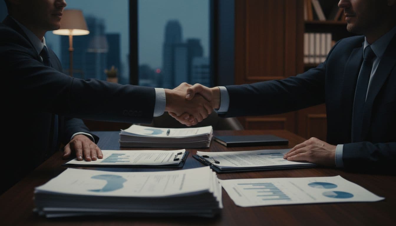 Business owner and potential buyer sign a confidential agreement in a professional office with financial documents and graphs on the table, followed by a firm handshake in a cinematic style with high contrast and dramatic lighting.