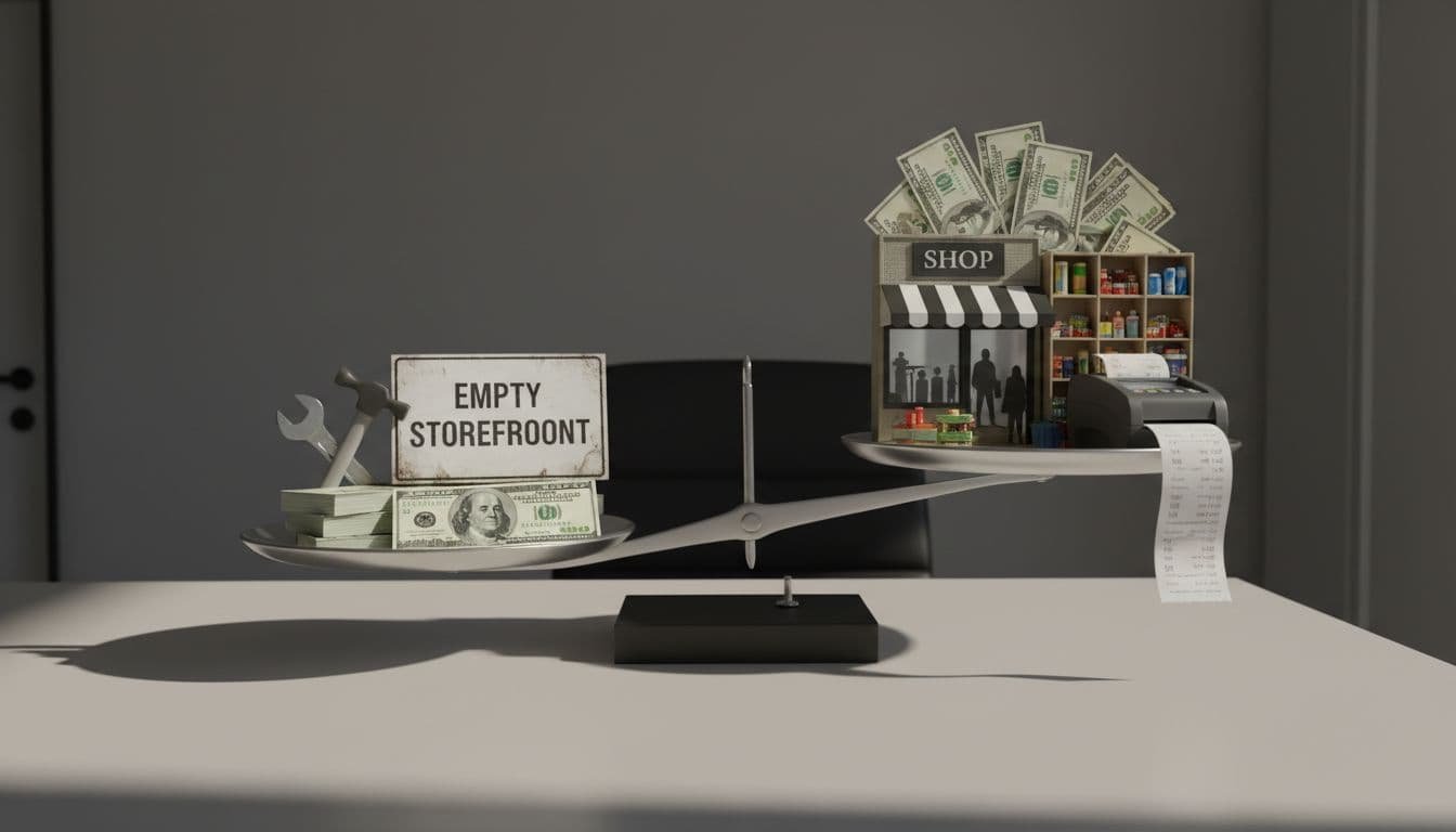 A balanced scale compares modest startup costs on one side with higher but value-packed costs of buying an established business on the other, set on a modern desk with cinematic lighting.