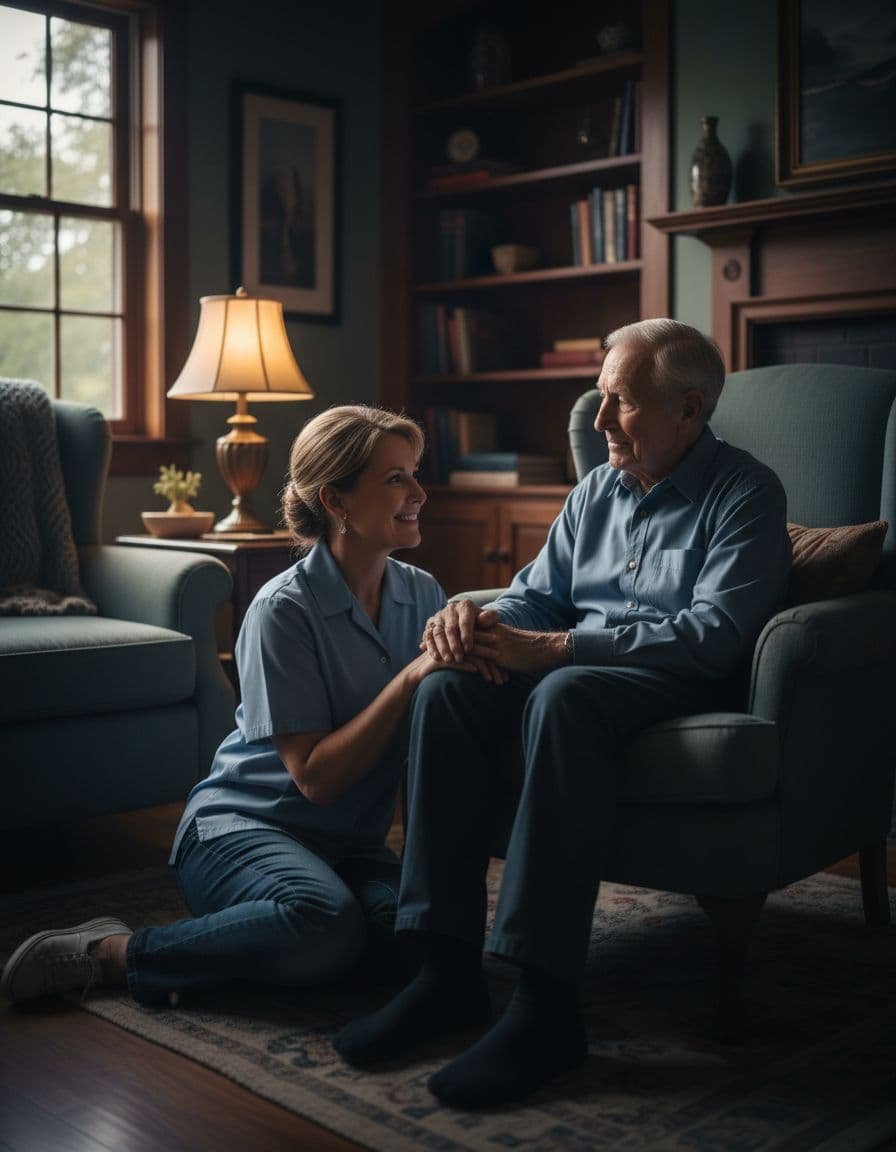 A smiling middle-aged female caregiver sits beside an elderly man in an armchair in a cozy home, illuminated by soft window light, emphasizing their warm interaction in a cinematic portrait style.