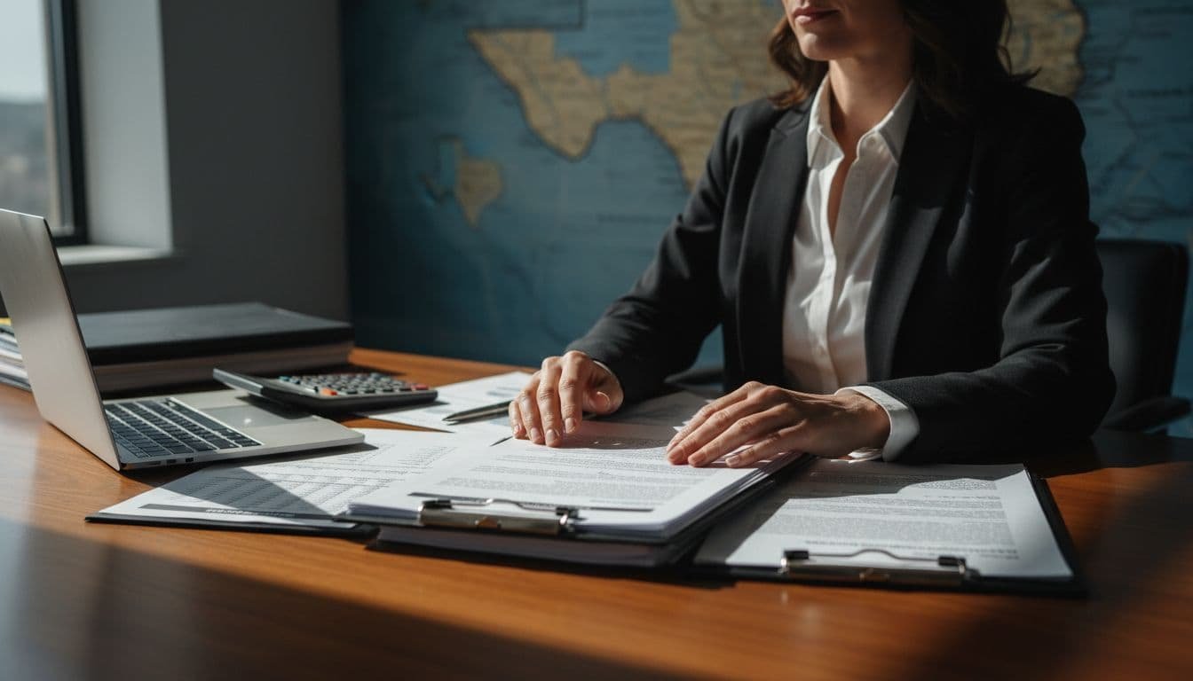 A professional person seated at a wooden office desk reviews financial documents and contracts, with a calculator and closed laptop nearby, subtle Texas map background, natural window light, close-up on hands and papers in cinematic style with high contrast, depth of field, and dramatic deep shadows.