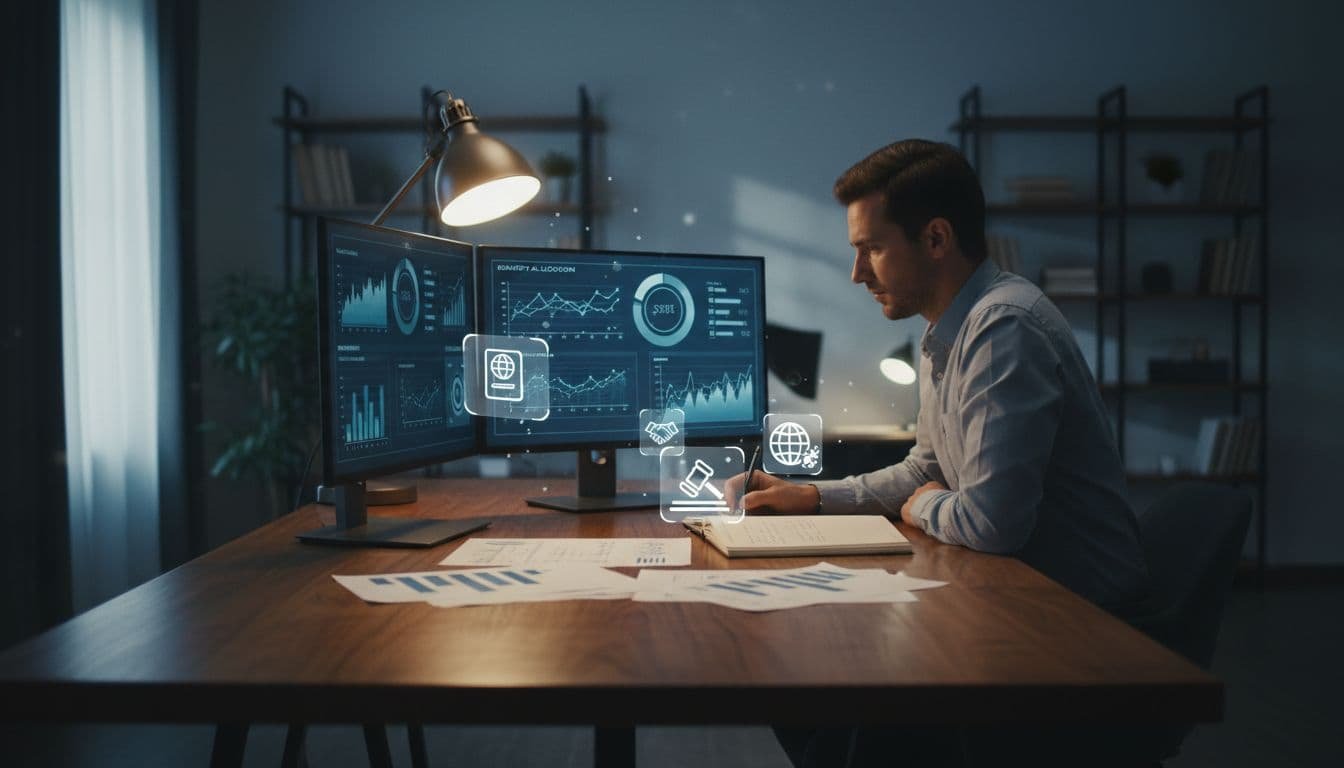 Un emprendedor enfocado sentado en un escritorio de madera en una oficina moderna en casa, revisa gráficos y perfiles comparando comprar versus iniciar un negocio, con notas de presupuesto, gráficos de tiempo y iconos de estatus migratorio cercanos, composición central con profundidad de campo. Estilo cinematográfico con alto contraste, profundidad y iluminación dramática. Exactamente una persona presente, sin humanos adicionales, sin texto visible, sin logos, sin marcas de agua.