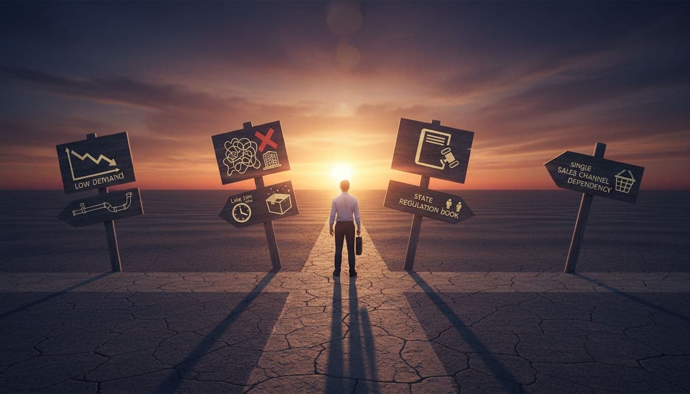 A solitary entrepreneur stands at a crossroads in a vast empty landscape, facing warning signs for common business pitfalls like low demand, wrong location, empty cash, regulations, late hiring, and single sales channel dependency. Cinematic rendering with dramatic sunset lighting, strong contrast, and depth.