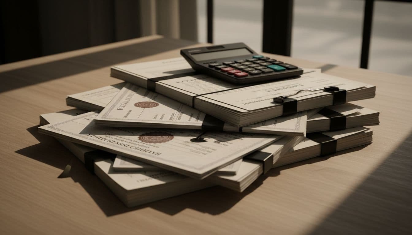 An organized stack of financial contracts, licenses, and calculator on a wooden office desk bathed in natural light, captured from a slightly angled top view with cinematic high contrast and dramatic lighting.