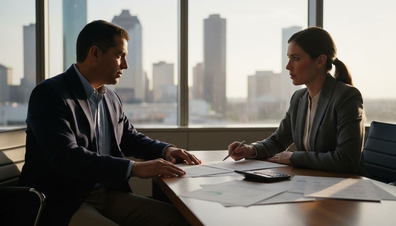 Middle-aged Hispanic man in business casual discusses financing documents with banker in modern Texas bank office, subtle Houston skyline view, dramatic natural lighting.