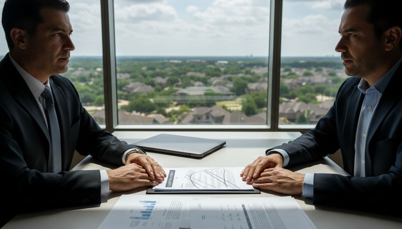 Middle-aged Hispanic buyer and business broker discuss Letter of Intent (LOI) and negotiation documents at a modern office desk in The Woodlands TX, cinematic style with high contrast dramatic lighting and suburban green background.