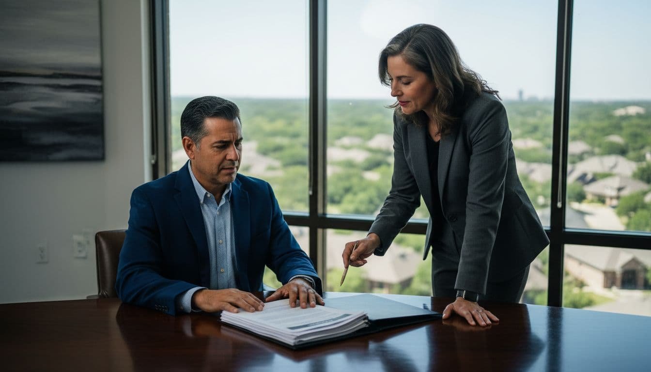 A middle-aged Hispanic entrepreneur sits at a wooden desk in a modern Texas office, reviewing thick English-language contract documents with a bilingual lawyer pointing to key clauses, transitioning from confusion to confidence.