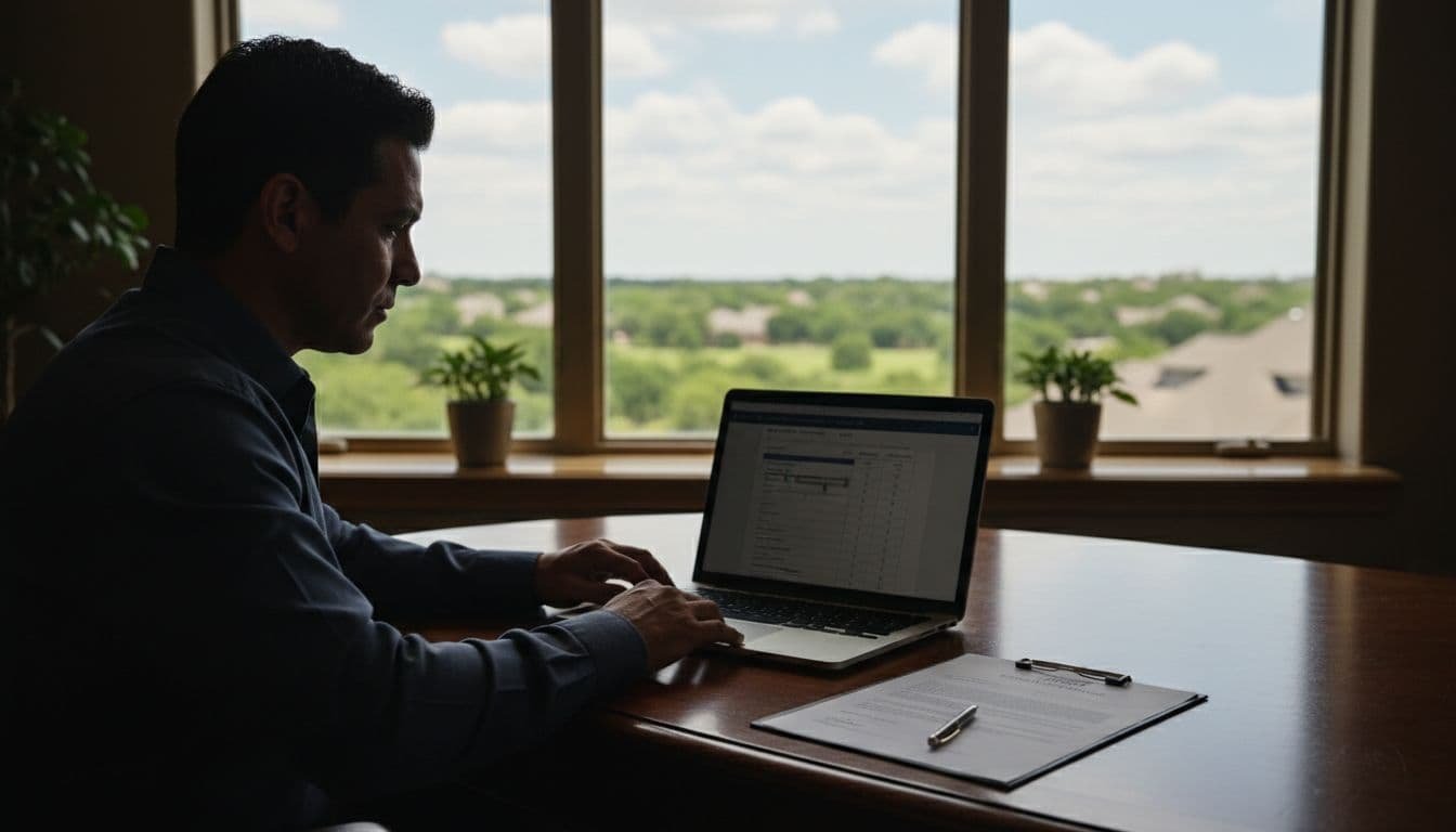 A middle-aged Hispanic entrepreneur in a home office in The Woodlands, TX, filters business listings on a laptop while preparing to sign an NDA on the desk. Cinematic style with high contrast, dramatic natural lighting, and blurred screen focus on industry and price filters.