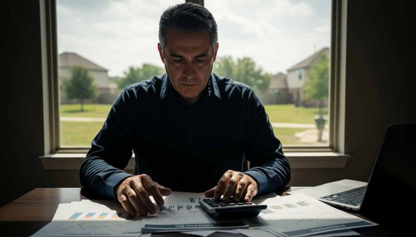 A middle-aged Hispanic entrepreneur with a serious, concentrated expression reviews detailed financial documents and calculates budgets using a calculator on a bright home office desk in The Woodlands, Texas. Background features a window with views of green suburban areas, closed laptop prop, simple graphs on papers, cinematic high-contrast style with dramatic natural lighting.