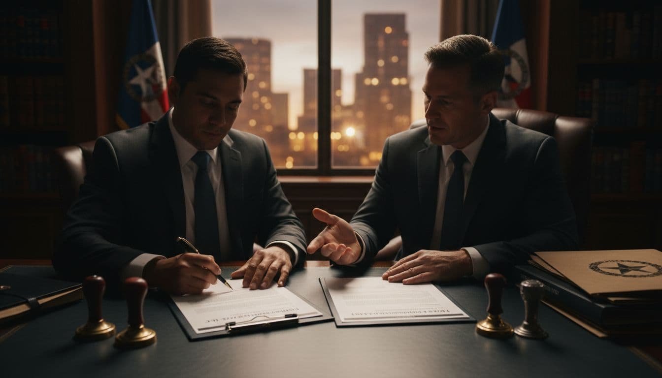 Hispanic entrepreneur signs legal documents for new Texas LLC at lawyer's office desk with forms, seals, and certificates nearby, in serious discussion with attorney under cinematic high-contrast lighting.