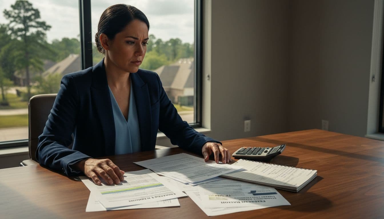 Hispanic entrepreneur in The Woodlands TX office reviews due diligence documents like payroll, taxes, leases, and licenses, spotting a problem such as overdue taxes, with concerned focused expression.