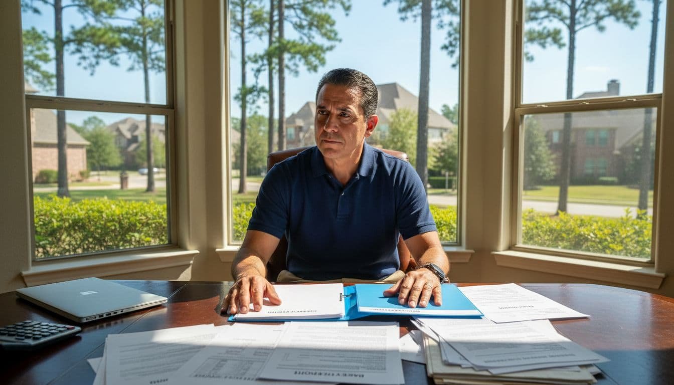 Middle-aged Hispanic man in casual business attire examines credit reports, bank statements, and financial documents in a bright home office in The Woodlands, Texas, opening a new US bank account folder with a determined expression.