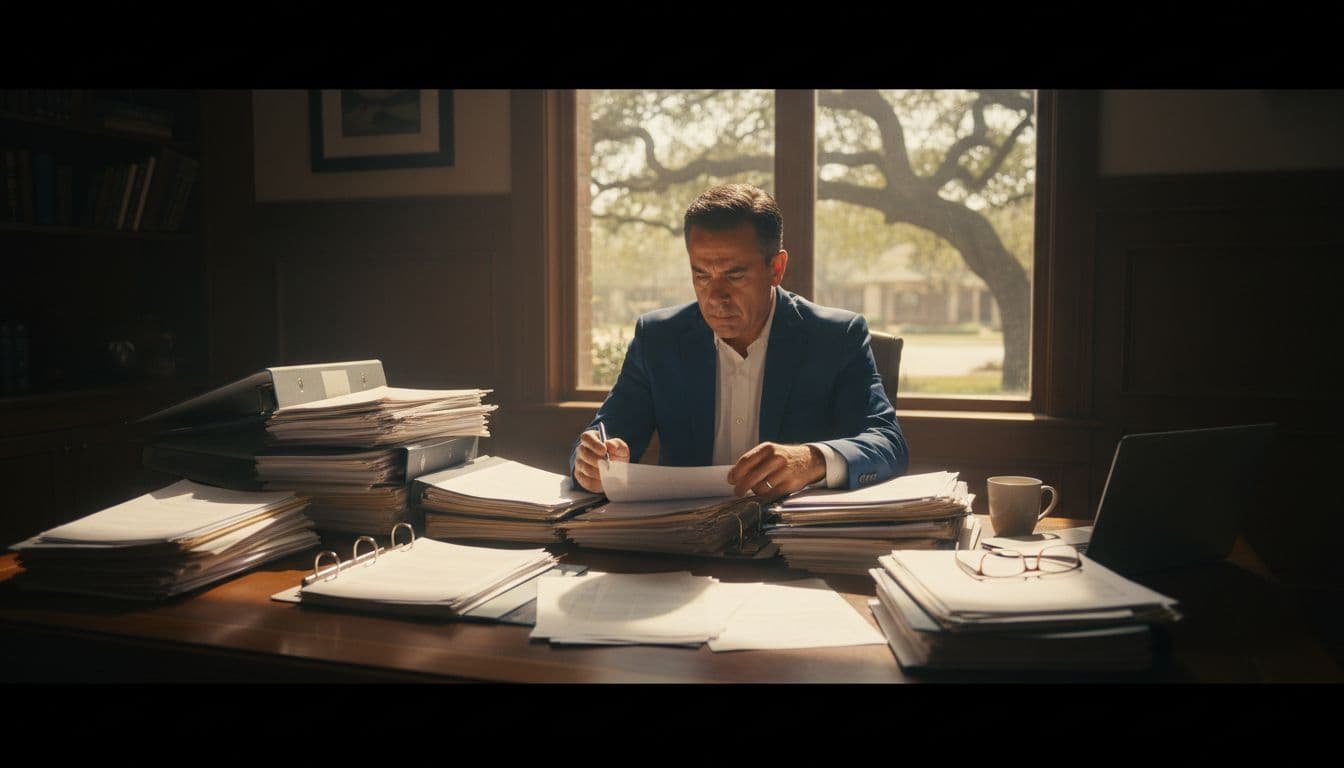 A middle-aged Hispanic man in a professional office intently reviews stacks of financial documents, tax returns, contracts, and legal papers on a wooden desk, illuminated by dramatic natural light from a suburban Texas window.