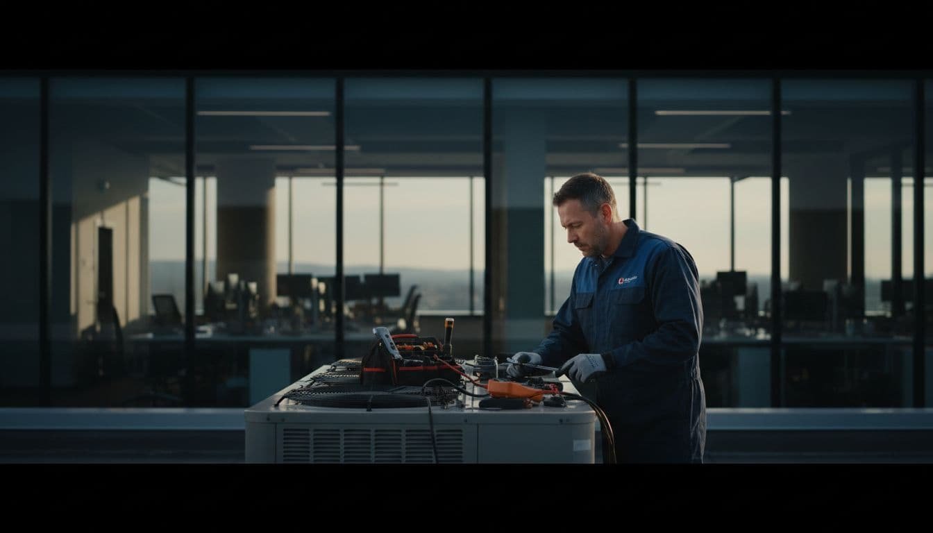 A 40-year-old HVAC technician in uniform repairs an air conditioning system in a modern commercial office building with large windows, tools in hand, cinematic high-contrast style with dramatic natural lighting.