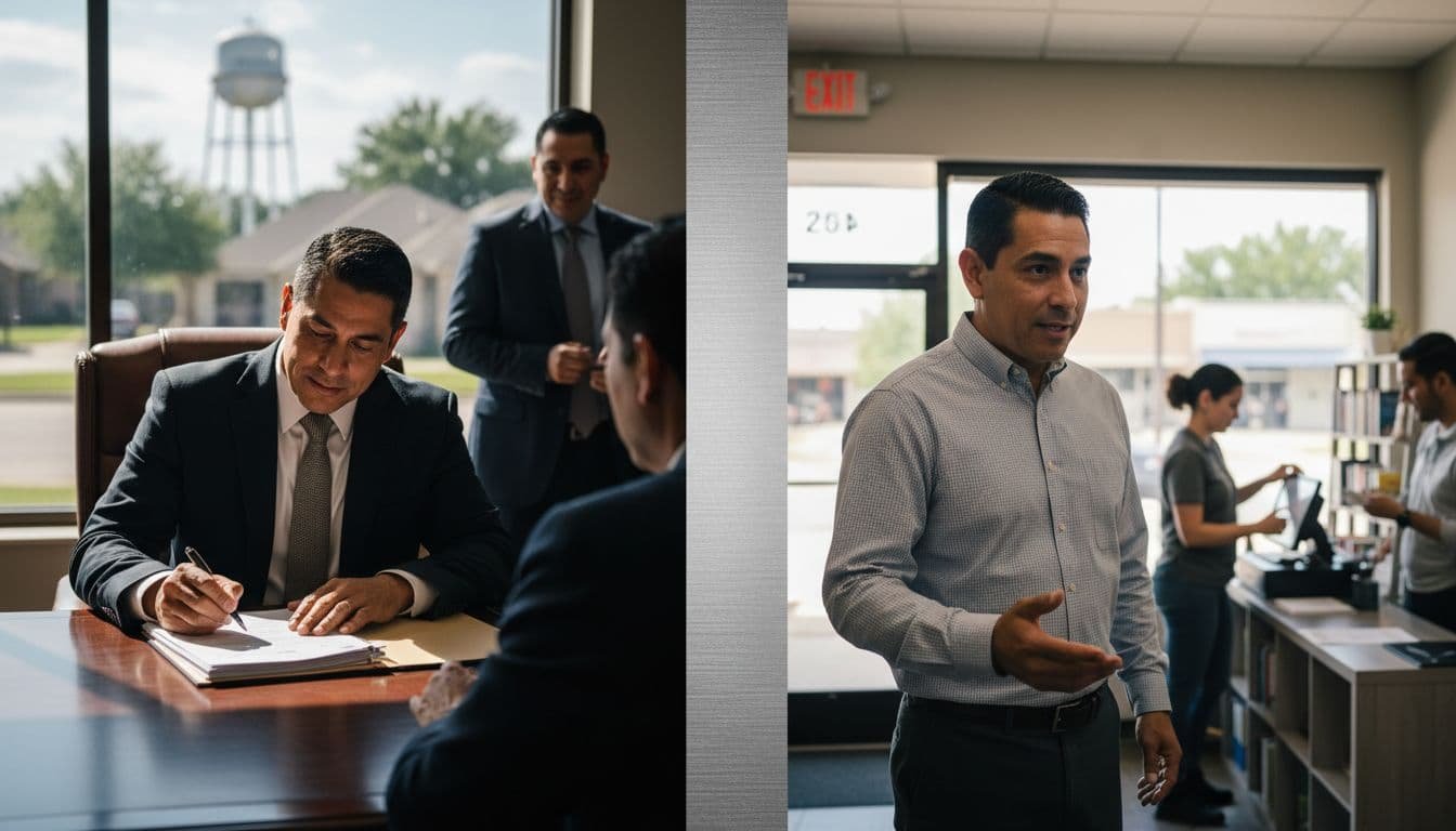 Split composition of a middle-aged Hispanic business owner signing closing documents in a legal office in The Woodlands, TX, then supervising employees during first days of operation, cinematic style with high contrast dramatic lighting.