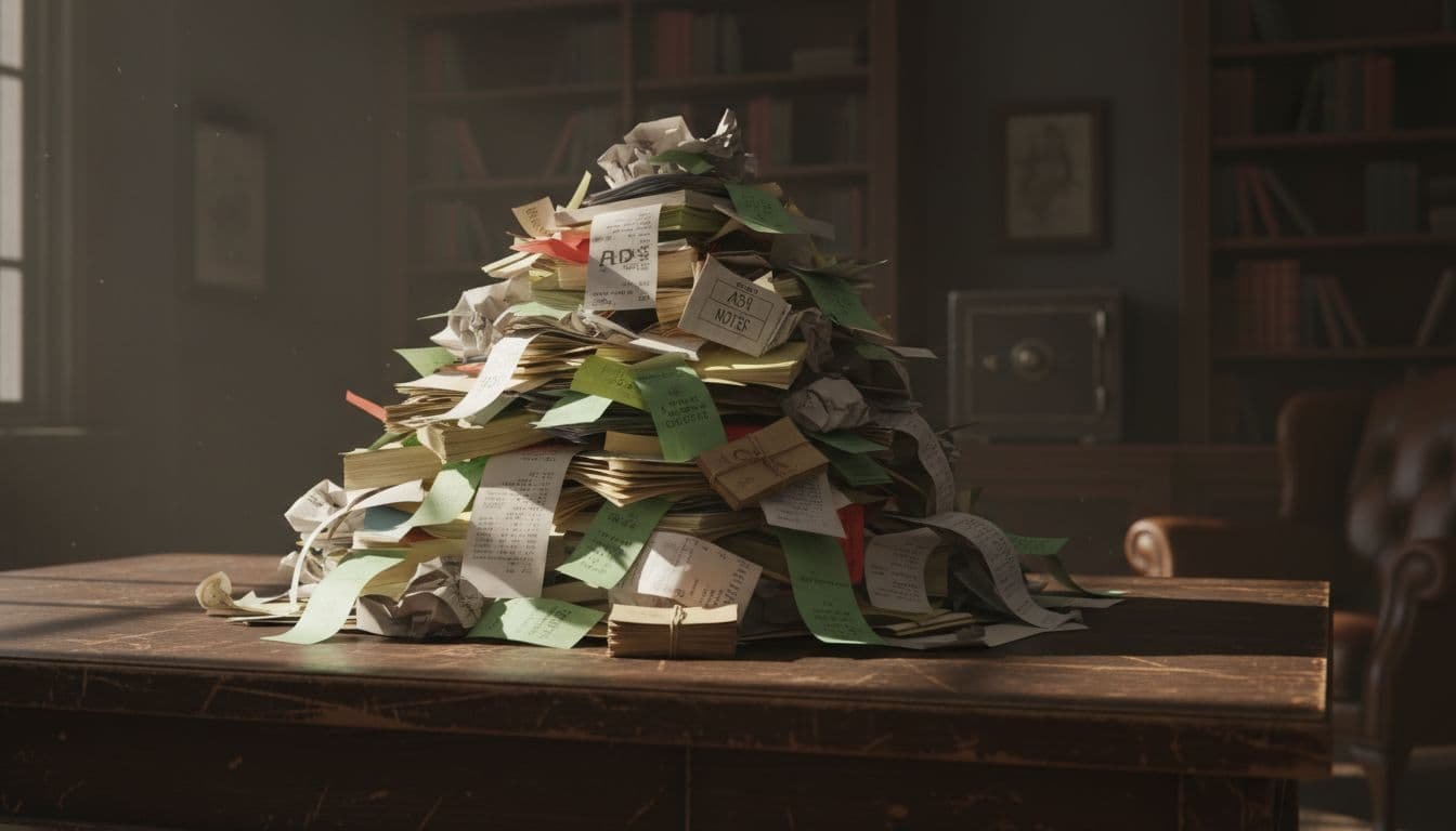 A chaotic pile of receipts and bills for unforeseen business costs including market tests, ads, software licenses, permits, renovations, payroll, insurance, and cash reserves on a wooden desk in a dimly lit office. Cinematic style with strong contrast, dramatic side lighting, and shadows highlighting the financial burden, no people present.
