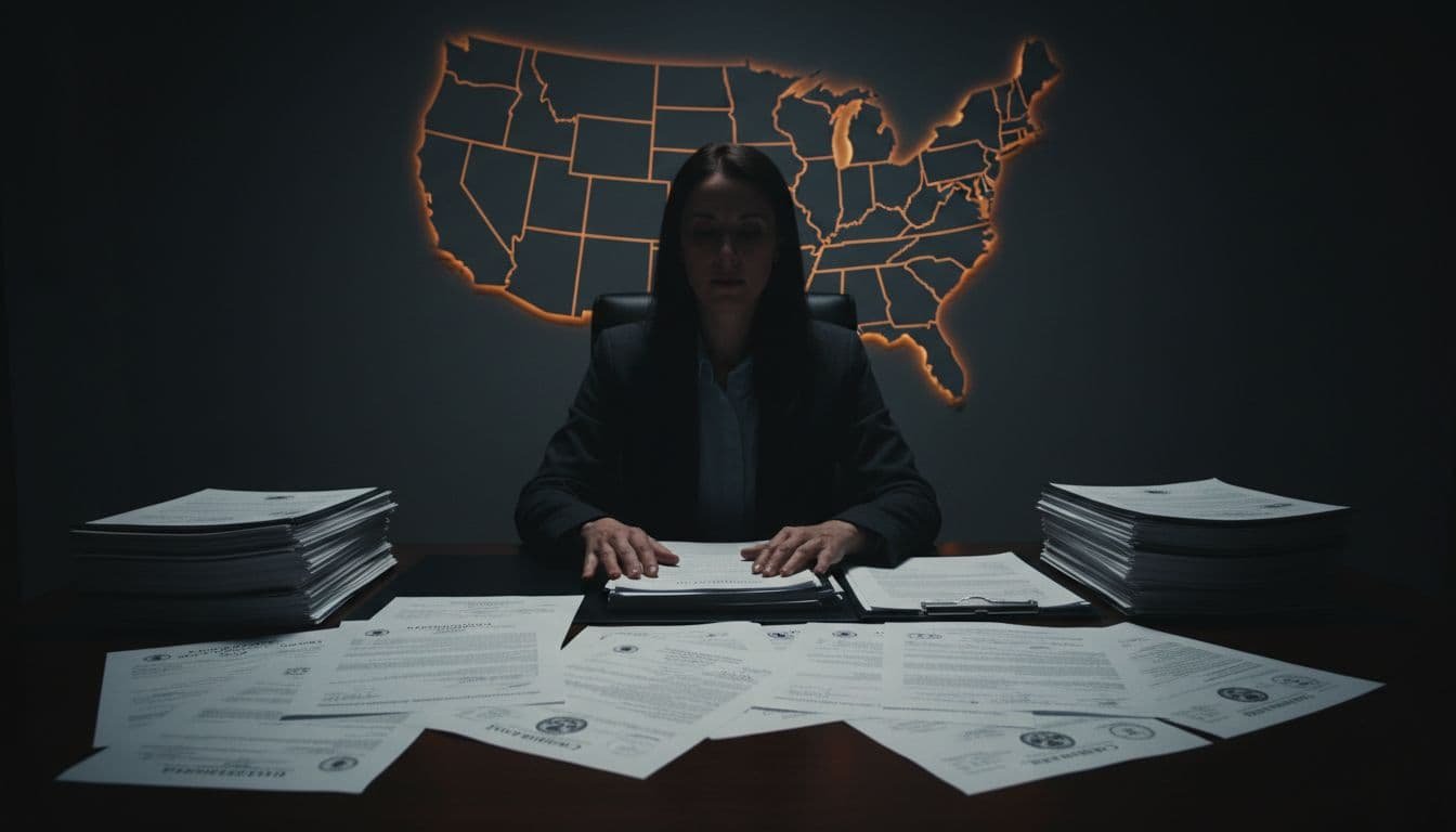 A professional examines state licenses and certificates on an office desk with official stamps and forms, against a background wall map of the USA highlighting Texas, Florida, and California, in a cinematic style with high contrast, dramatic lighting, and dark tones.