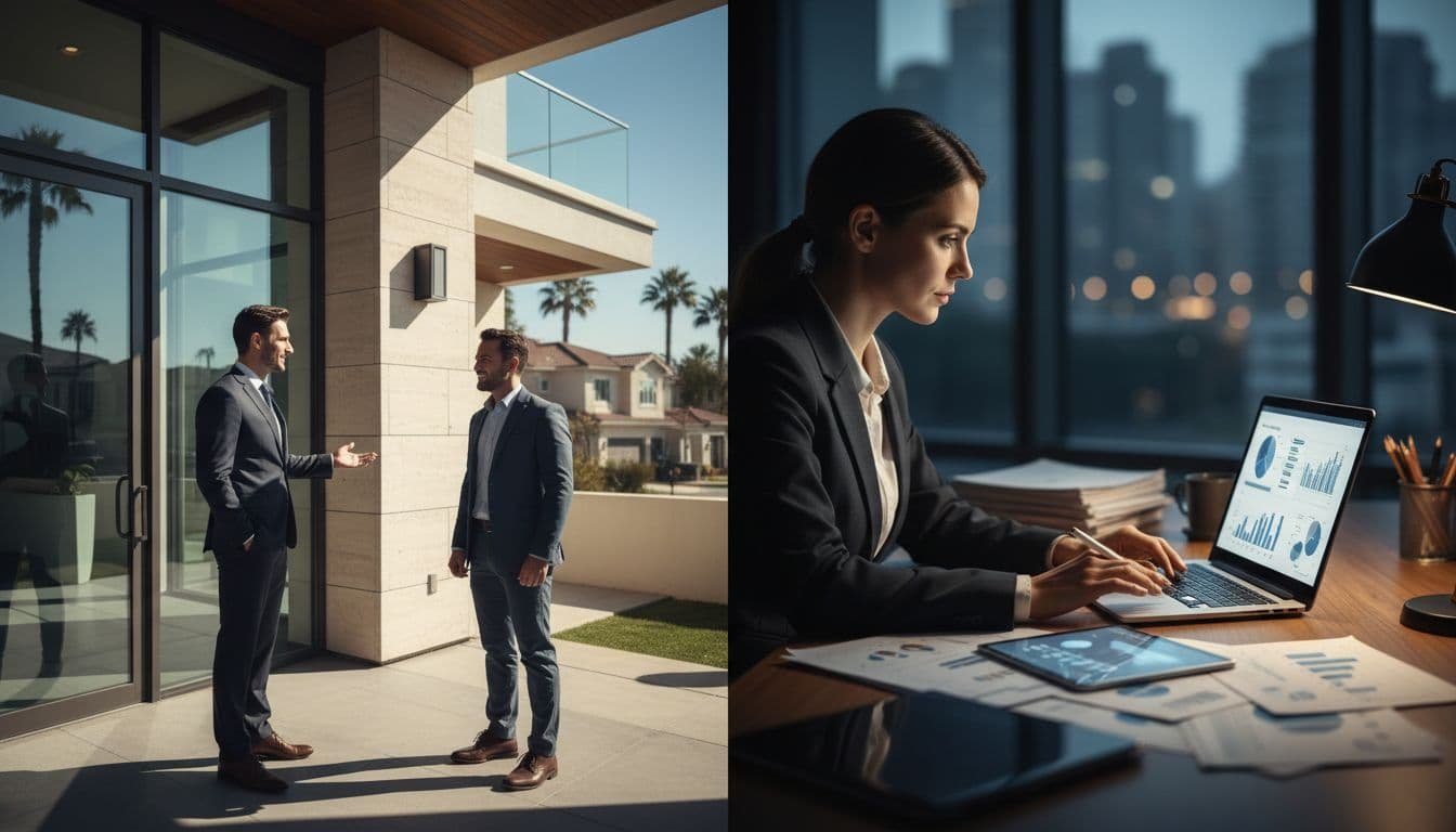 Split into two balanced scenes: left side shows a real estate agent presenting a modern house to a potential buyer in a sunny residential neighborhood; right side depicts a business broker analyzing financial statements and company documents in a professional office with desk and laptop. Cinematic style featuring high contrast, depth of field, dramatic window lighting, dark backgrounds, and consistent black accents.