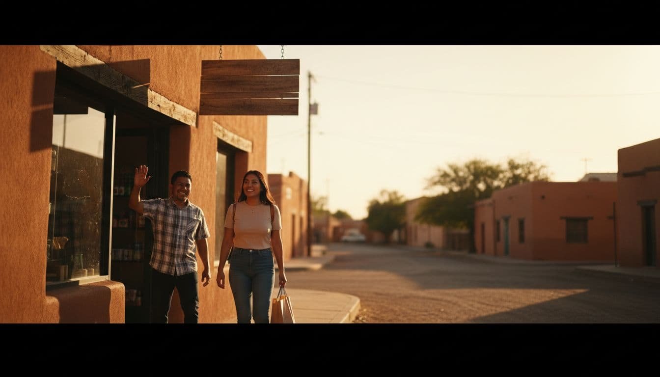 Small abarrotes store on a sunny San Antonio street with Hispanic owner greeting smiling Latino customers entering. Cinematic wide landscape composition featuring facade, high contrast sunset lighting, warm earthy tones, and deep black shadows.