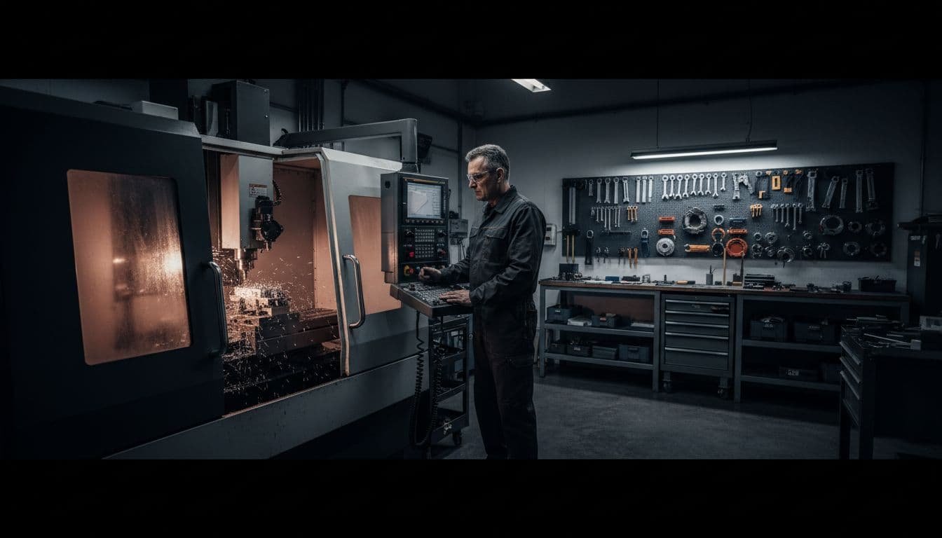Small manufacturing workshop with CNC machine operating metal parts, experienced operator adjusting equipment in a clean industrial environment with organized tools. Dynamic landscape composition focusing on the production process in cinematic style with high contrast and dramatic industrial lighting.