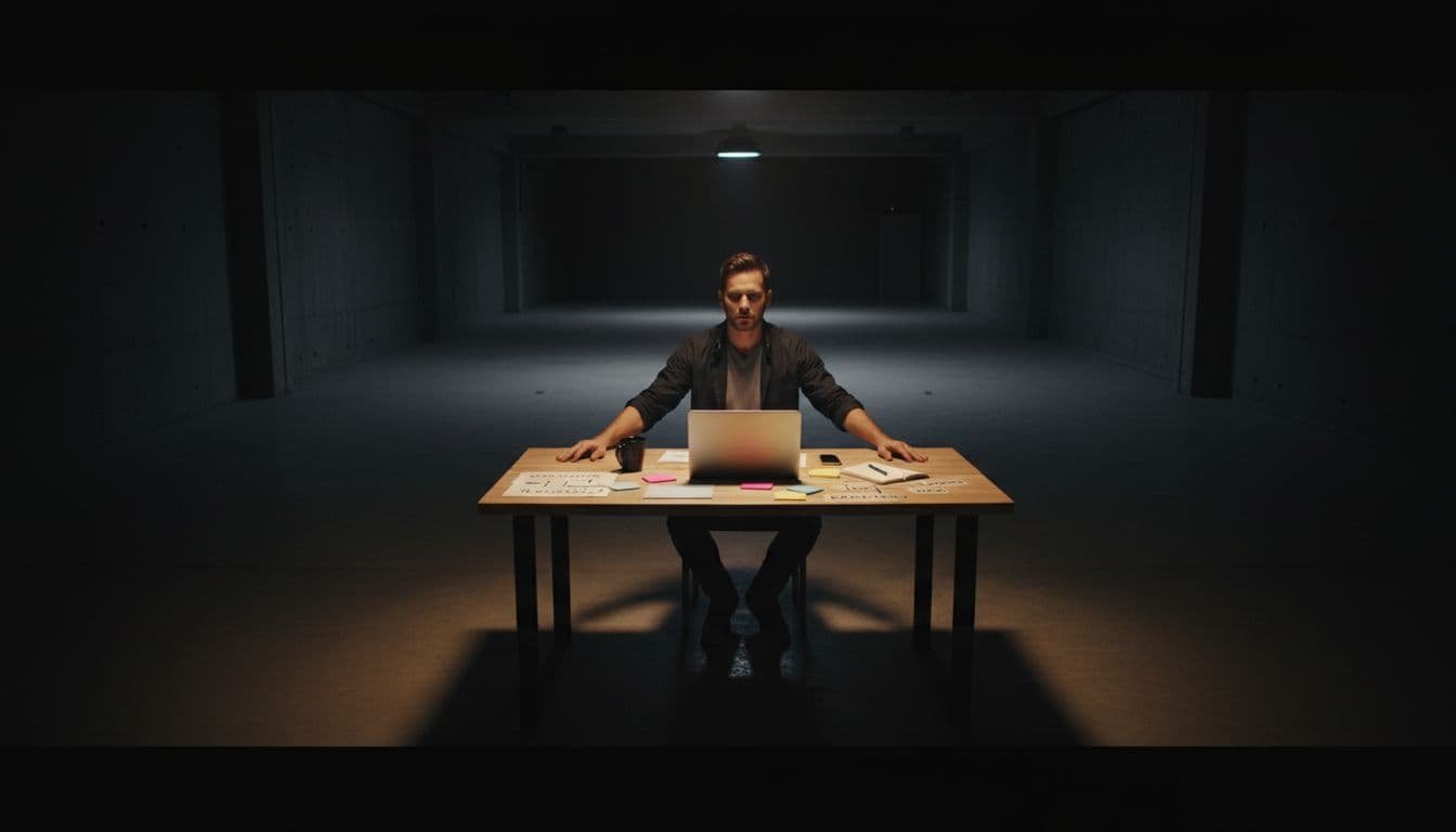 A determined solitary entrepreneur sits in an empty office workspace with a laptop, sticky notes for processes and marketing, and a coffee cup, building their new business from zero. Cinematic high-contrast style with dramatic overhead lighting and deep dark tones.