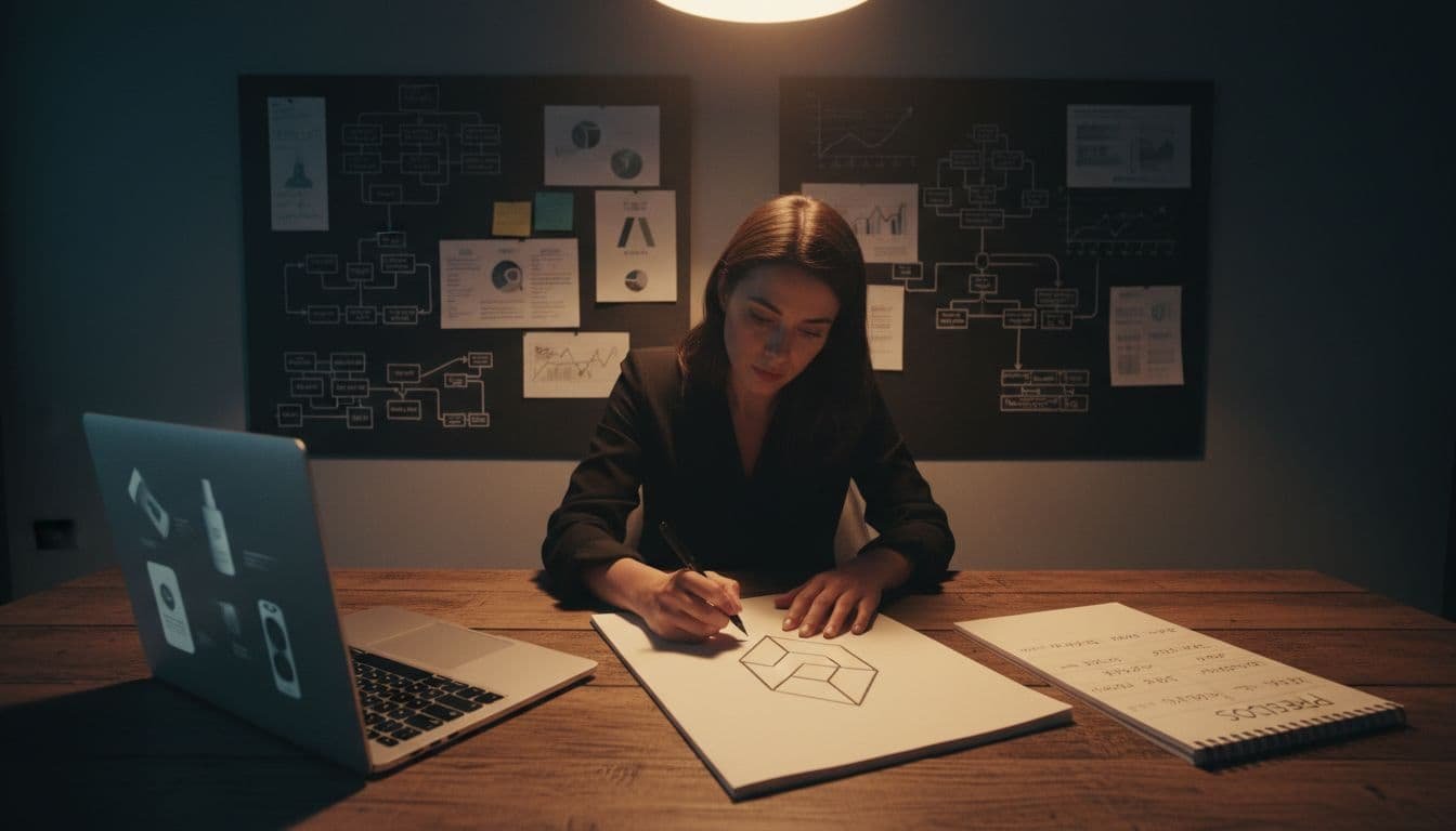 A determined entrepreneur in a modern home office sketches a brand logo on paper, designs product mockups on a laptop screen angled away, sets prices on a notepad, surrounded by market research notes and process flowcharts on the wall.
