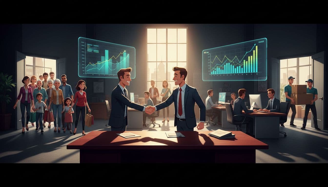 Buyer and seller shaking hands in an animated office surrounded by loyal customers entering, trained employees at desks, cash flow charts on screens, and suppliers delivering boxes. Cinematic style with high contrast, depth, and dramatic lighting.