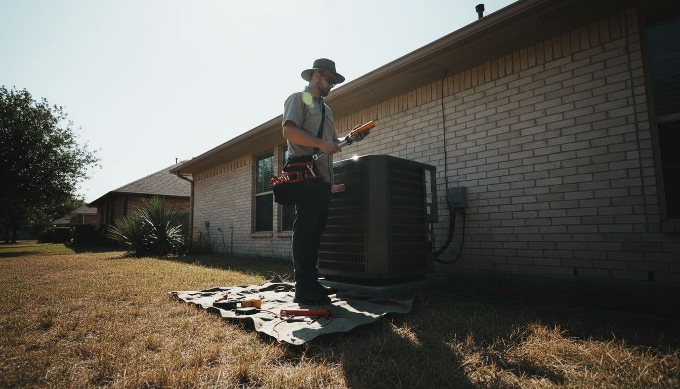 A solitary air conditioning technician repairs an outdoor unit in front of a typical Texas suburban house under intense summer sun, tools in hand, dry garden, wide low-angle cinematic composition with high contrast and dramatic shadows.