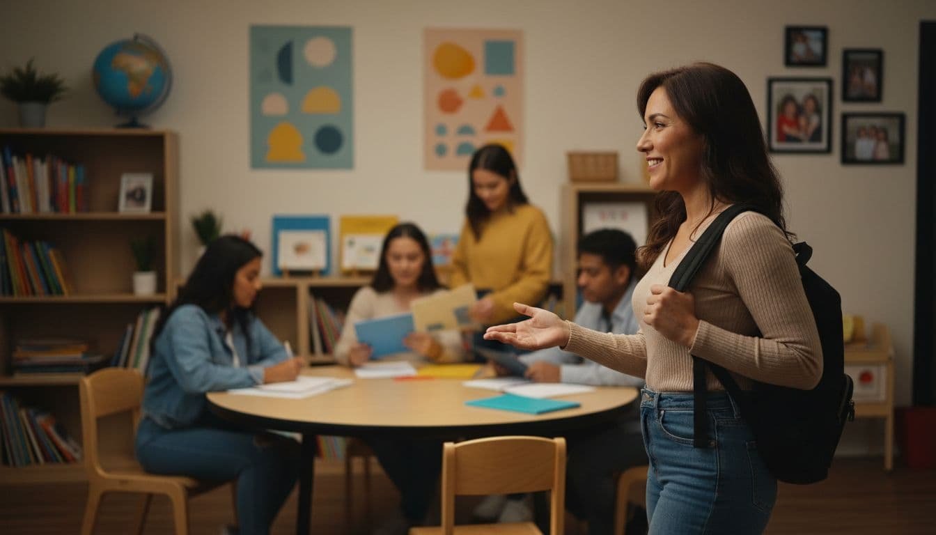 Family business owner in Texas operating a childcare or tutoring service in a welcoming office, with young trained staff working in the background and a recurring client entering, captured in cinematic high-contrast style.