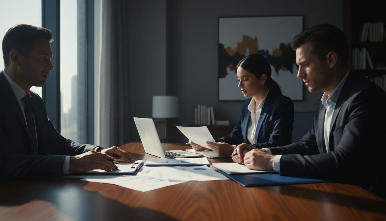 Tres profesionales: contador, abogado y corredor de negocios revisando estados financieros, contratos y reportes en una mesa de conferencias en oficina profesional.