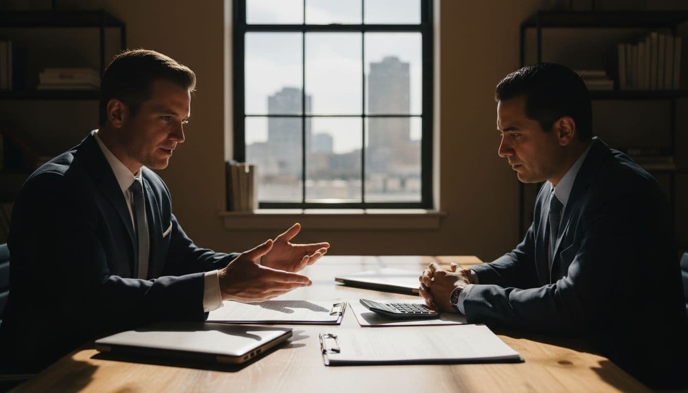 Professional American business broker and Latin American buyer collaboratively review financial documents in a bright San Antonio office.