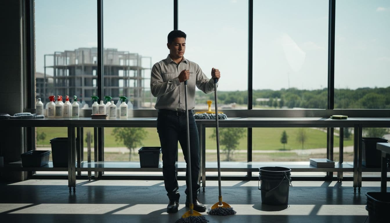 A young Hispanic entrepreneur inspects simple tools like mops in a clean modern commercial maintenance or cleaning workshop in The Woodlands, Texas, with background views of nearby construction and green areas under dramatic natural sunlight.