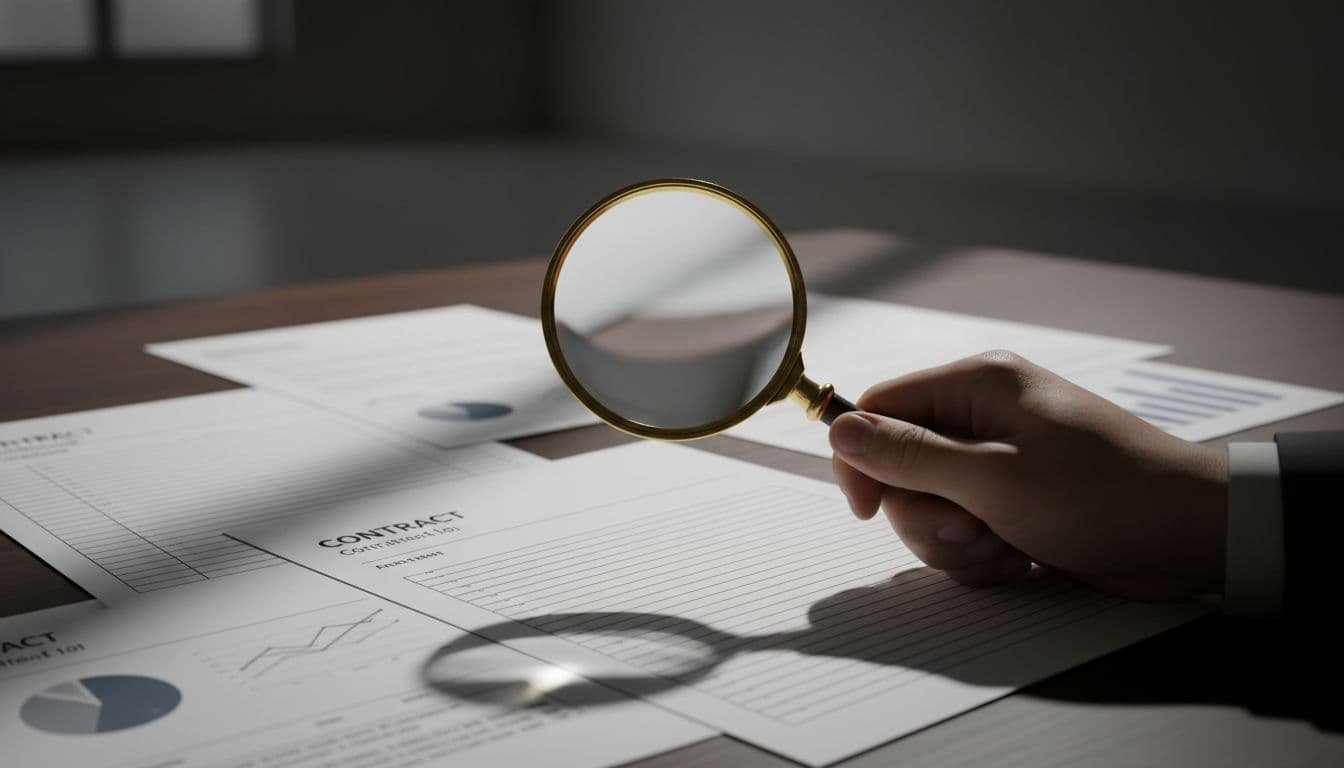 A close-up view shows a hand holding a magnifying glass over blank financial documents resting on a dark desk. The dramatic lighting creates sharp shadows, highlighting the textured paper surface.