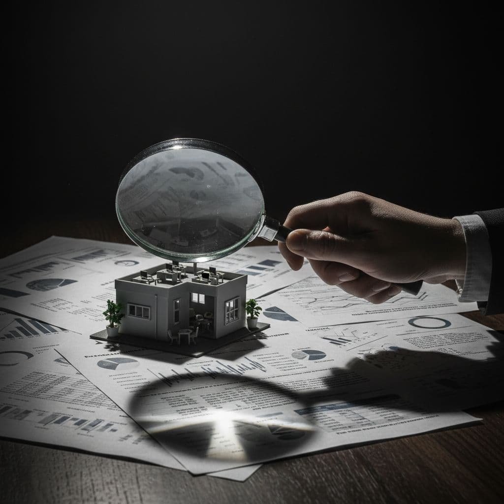 A single hand holds a magnifying glass over detailed financial spreadsheets and a small architectural office model. Dark shadows and moody lighting emphasize the gravity of making an investment decision.