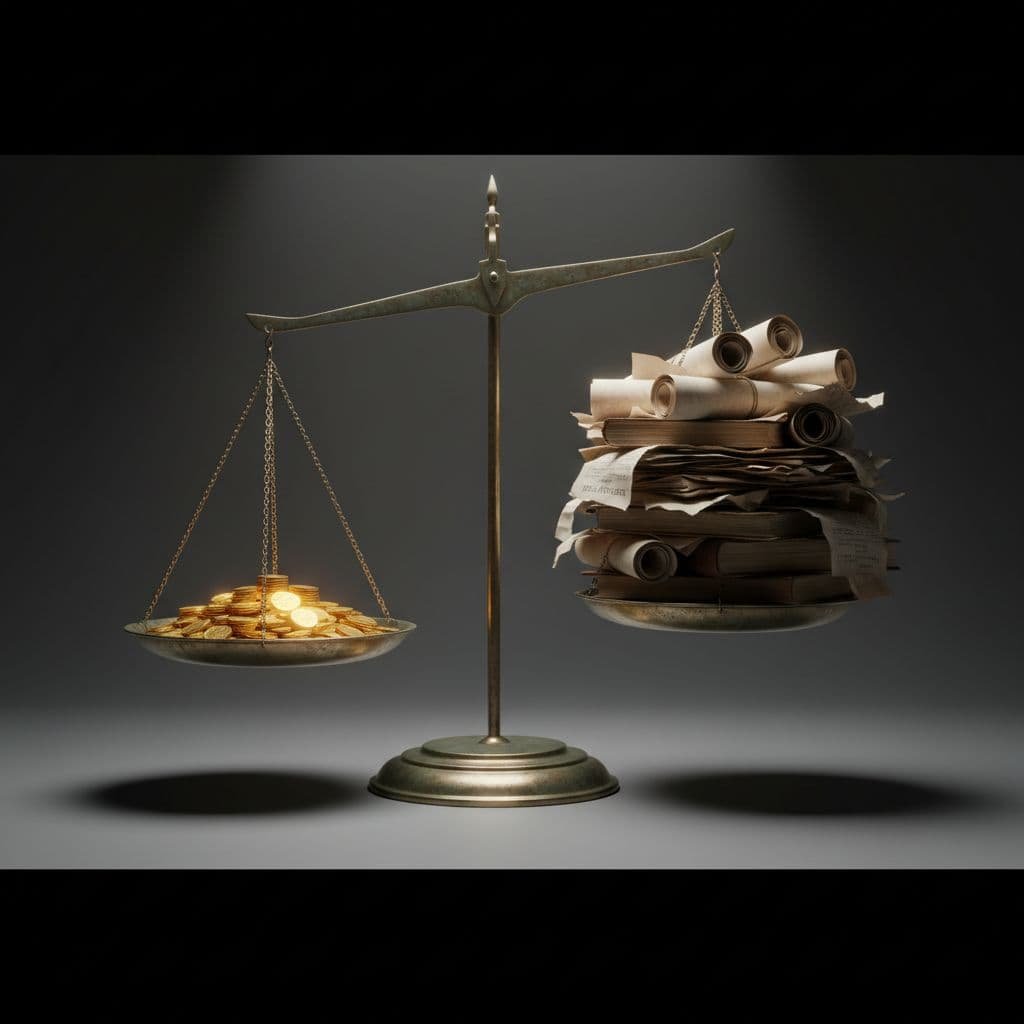 An antique bronze scale rests against a dark, moody background with high contrast. One side holds gold coins, while the other side is overloaded with heavy financial contracts and accounting books.