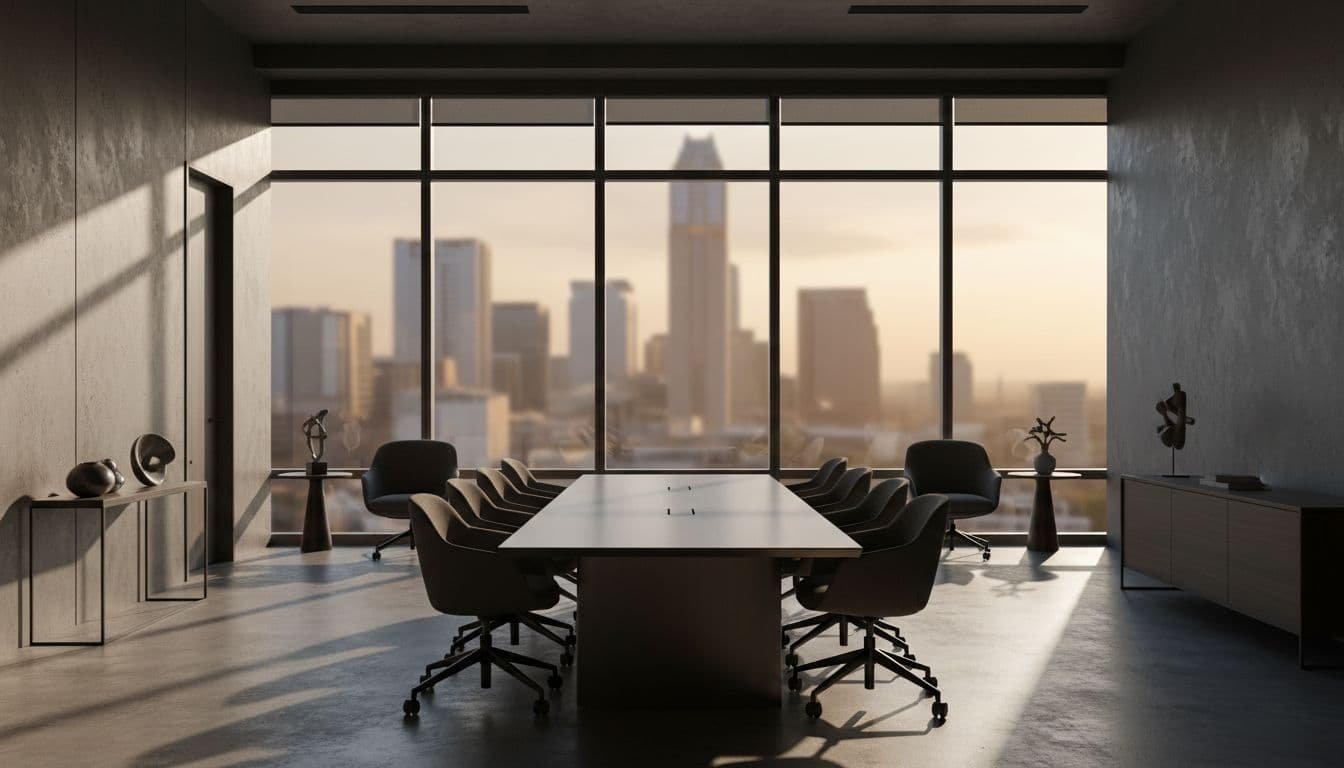 Sunlight streams through expansive glass panes into a sleek executive office. The room features a dark zinc-toned desk arrangement set against a blurred background of the bustling Texas city skyline.