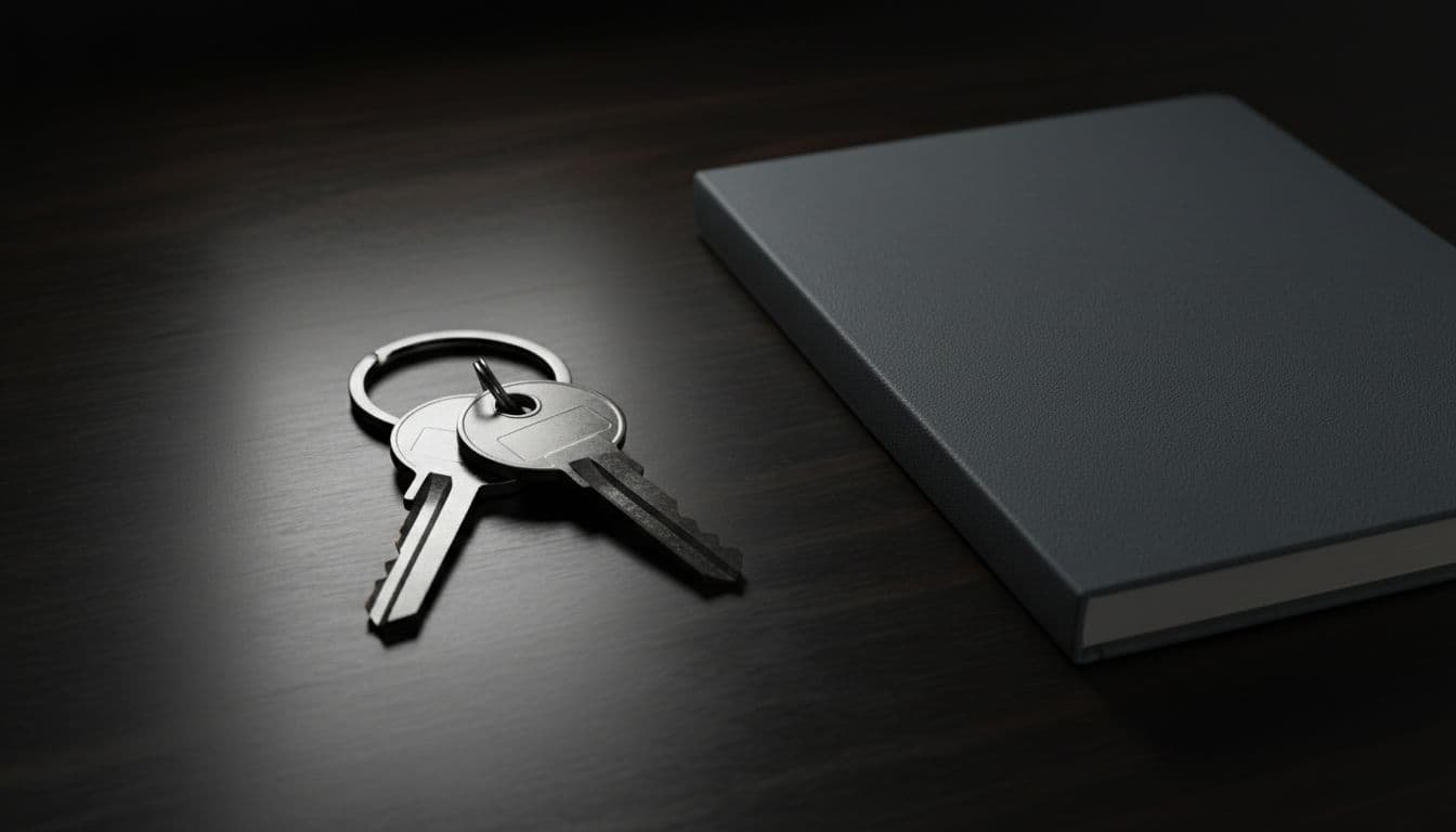 A set of silver keys rests on a dark, polished wooden surface next to a clean notebook. Dramatic cinematic lighting creates high contrast between sharp highlights and deep, moody interior shadows.