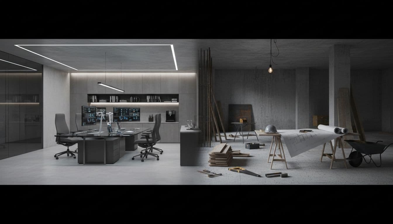 A split composition displays a sleek, fully furnished modern office on one side and an empty room filled with scattered construction tools and technical blueprints on the other side.