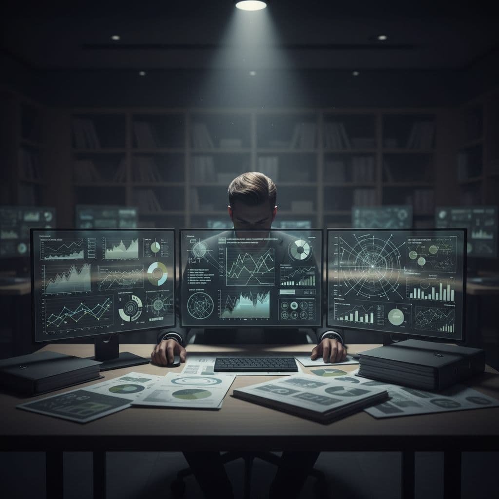 A focused professional sits at a wooden desk in a dimly lit office, carefully examining intricate financial charts and sector documents under the glow of a single warm desk lamp.
