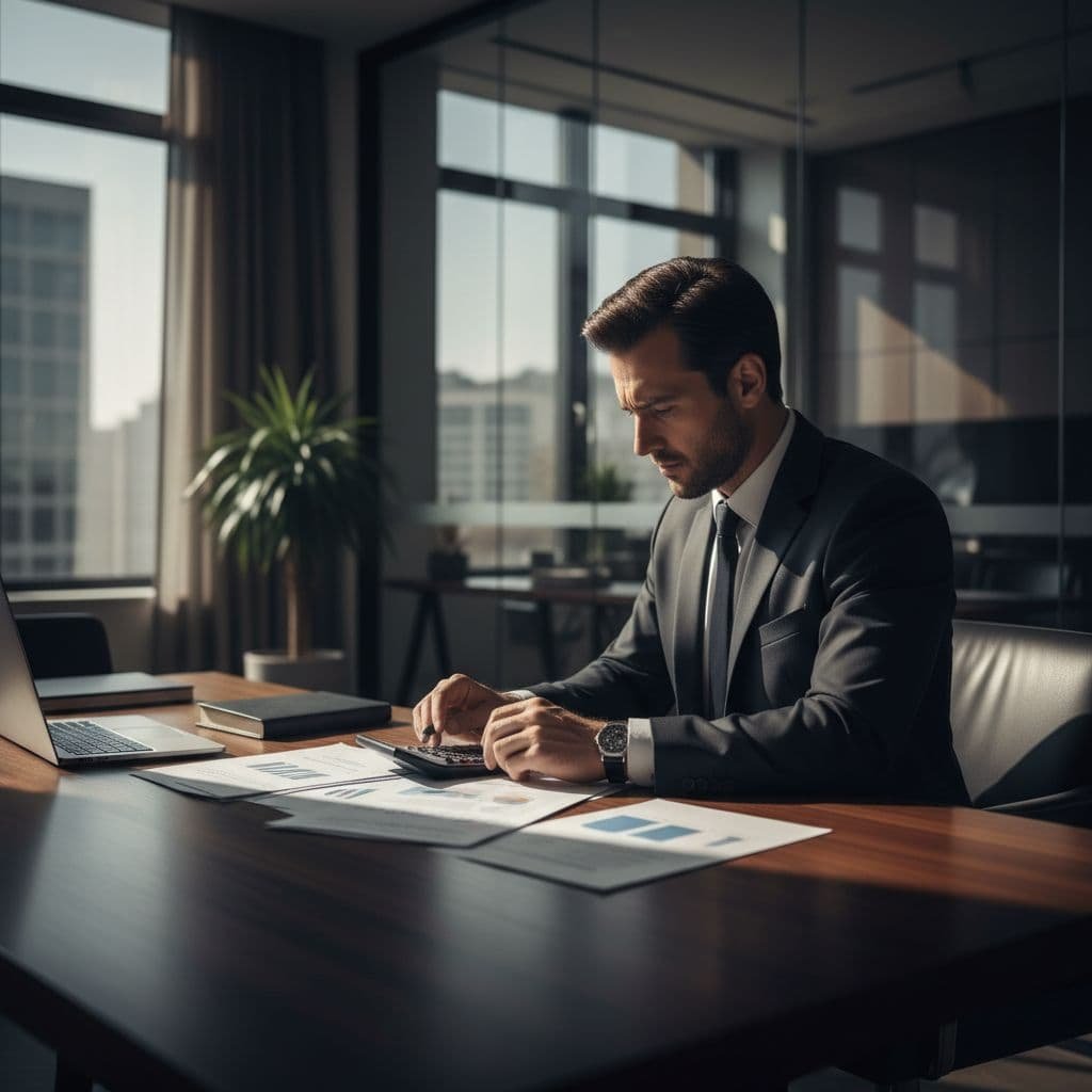 A man in a dark tailored suit sits at a minimalist wooden desk, intently reviewing detailed financial documents. Large windows provide soft lighting against a moody, sophisticated office background with neutral tones.