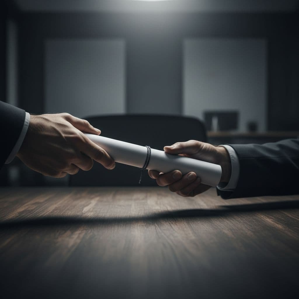 Two hands rest upon a dark wooden table while exchanging a signed document. Dramatic lighting emphasizes the textures of the paper and wood, creating a serious tone for the professional transaction.