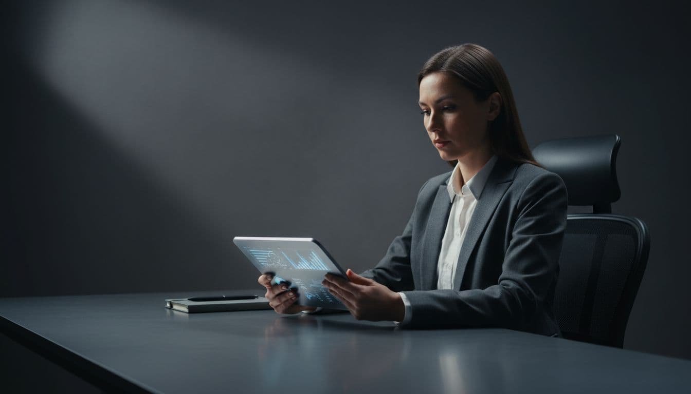 A focused professional examines digital financial charts on a sleek tablet screen. The dark, minimalist environment highlights the glowing data visualizations against a sophisticated neutral gray and zinc backdrop.
