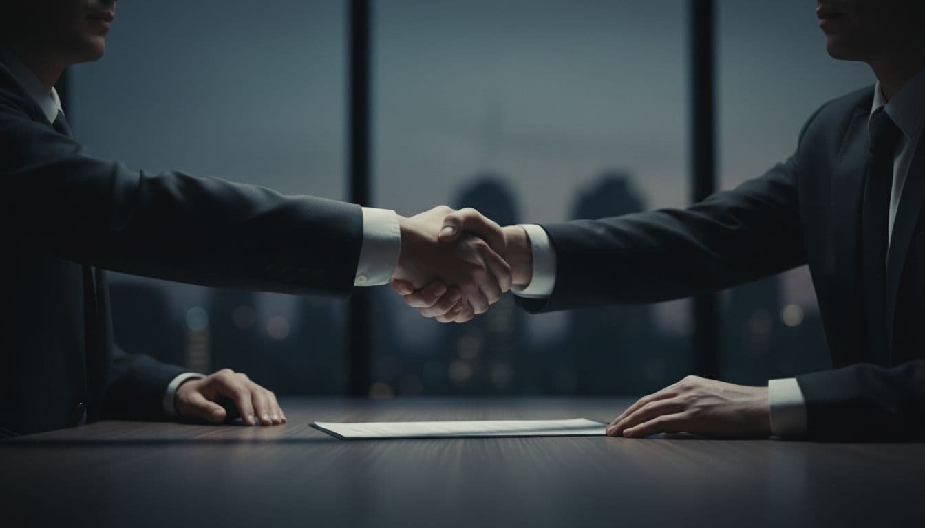 Two professionals clasp hands over a contract on a dark boardroom table. The dramatic lighting emphasizes their connection, creating high contrast against the muted, shadowy background of the modern office setting.