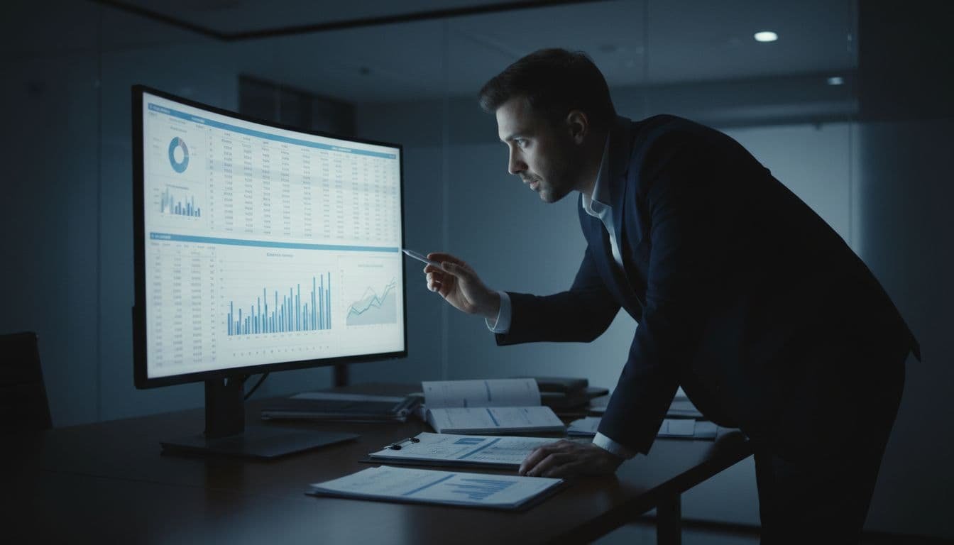 A focused professional examines intricate data charts and financial spreadsheets on a vibrant monitor screen. The dimly lit workspace highlights the illuminated display, emphasizing a careful evaluation of company performance metrics.