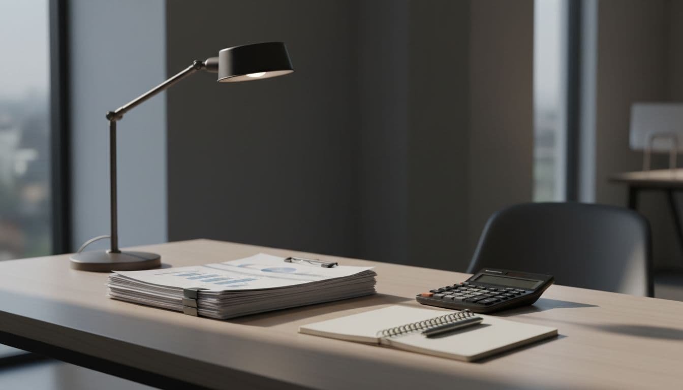 A dark office desk surface is neatly arranged with stacked financial documents, a modern calculator, and an open notebook. Sharp dramatic lighting illuminates the organized workspace against a neutral background.
