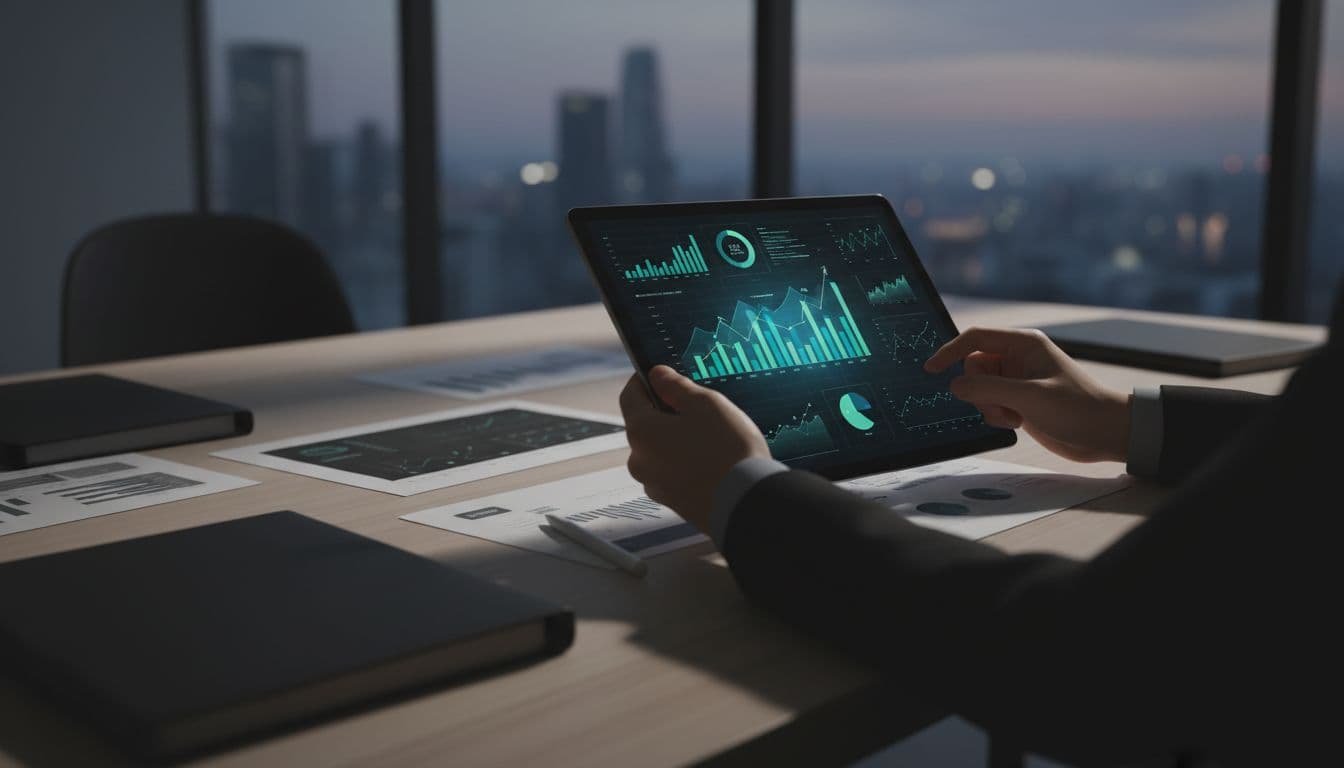 Close-up hands hold a sleek tablet displaying colorful analytical charts and financial reports atop a clean, minimalist desk. Soft ambient lighting highlights the professional documents scattered neatly across the workspace surface.