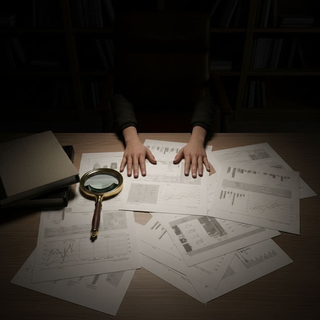 A top-down view shows hands resting on a dark desk covered in various legal and financial documents. A magnifying glass sits nearby, indicating a thorough and careful investigation of records.