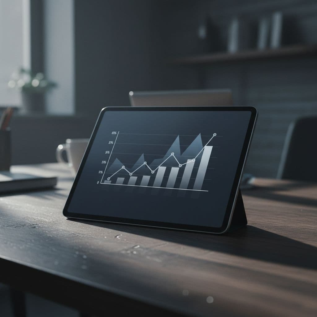 A professional tablet display exhibits a simplified abstract financial chart in a darkened office setting. Dramatic side lighting emphasizes the smooth surface texture of the dark desk beneath the device.