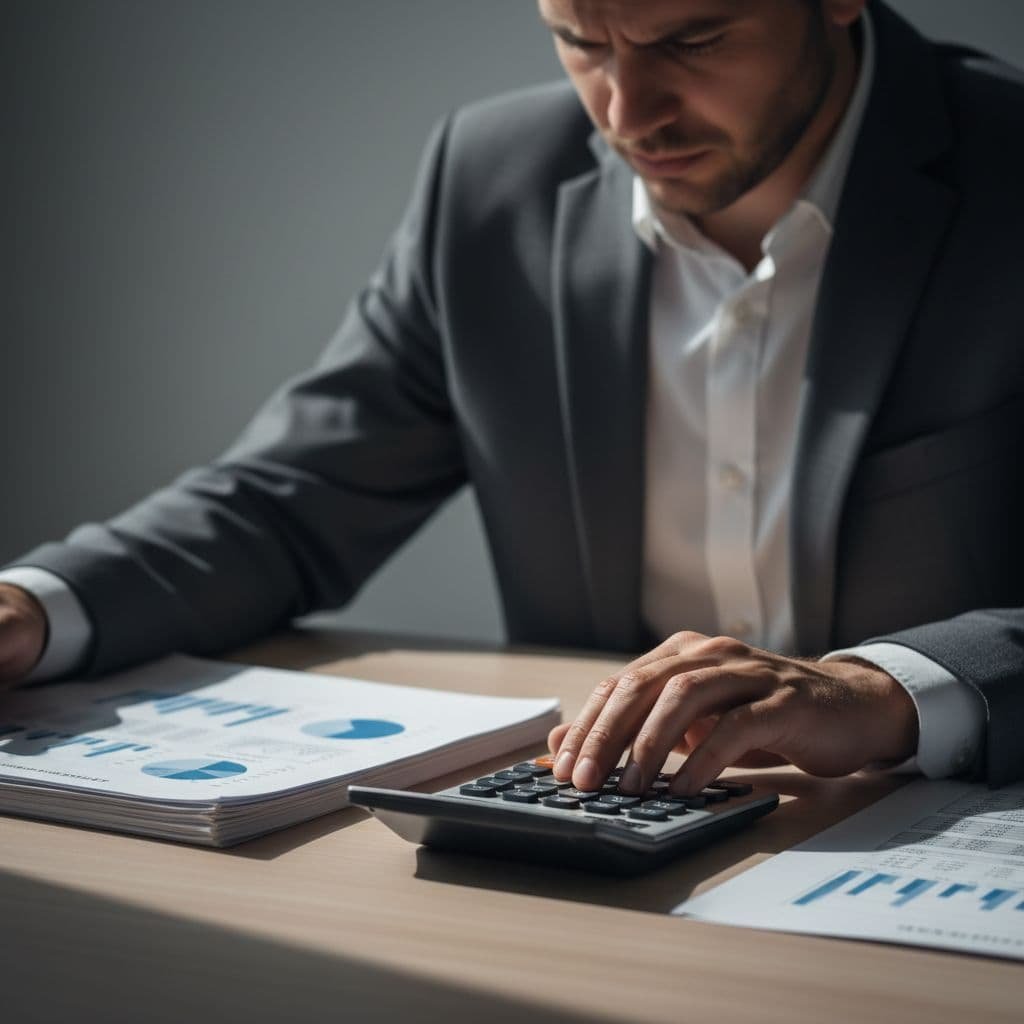 A professional examines detailed business documents and a calculator on a clean wooden desk surface. Dramatic lighting highlights the contrast between the organized paperwork and the dark, neutral blurred background.